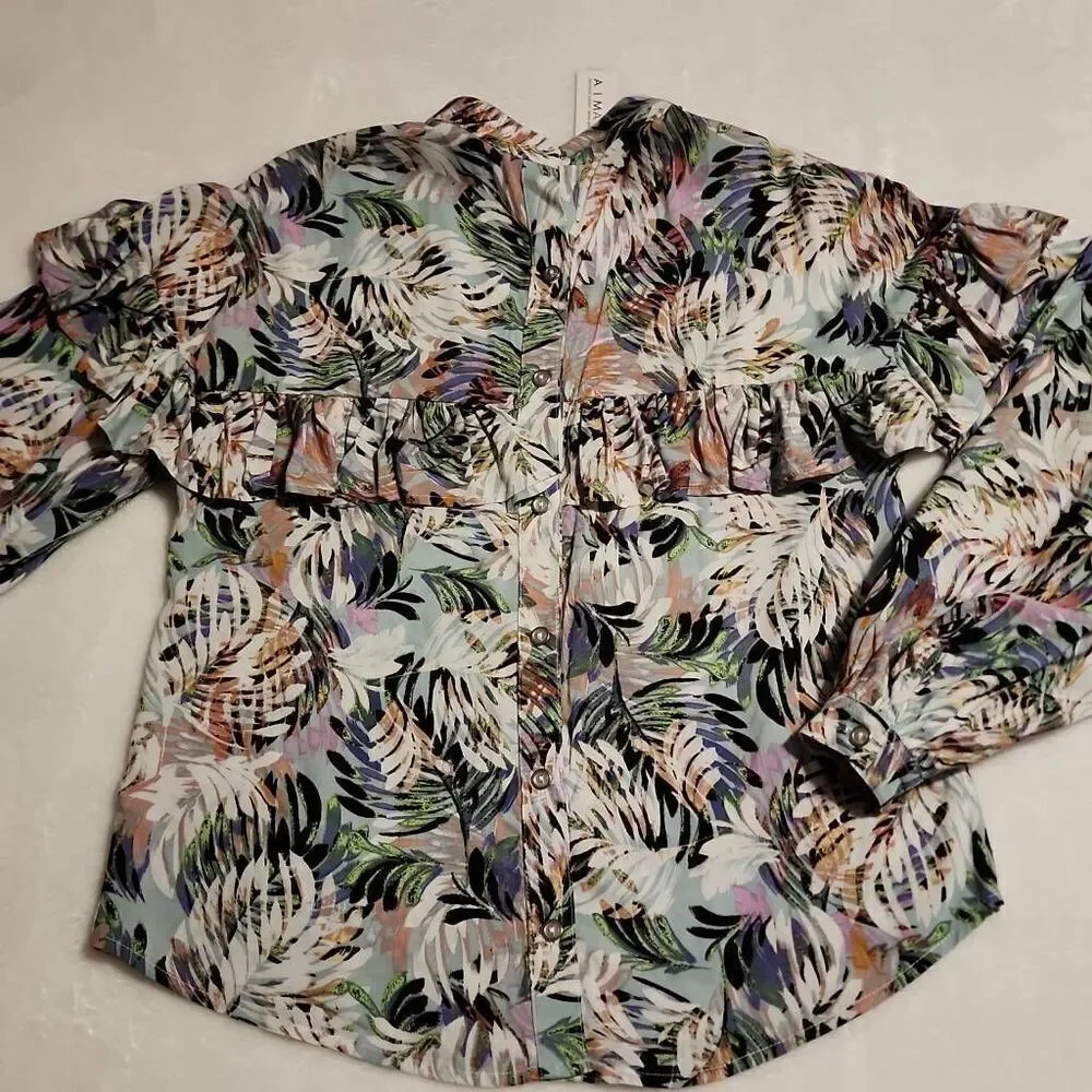 Aimae Tropical Print Ruffled Yoke Button Front Western Flair Long Sleeve Size Me